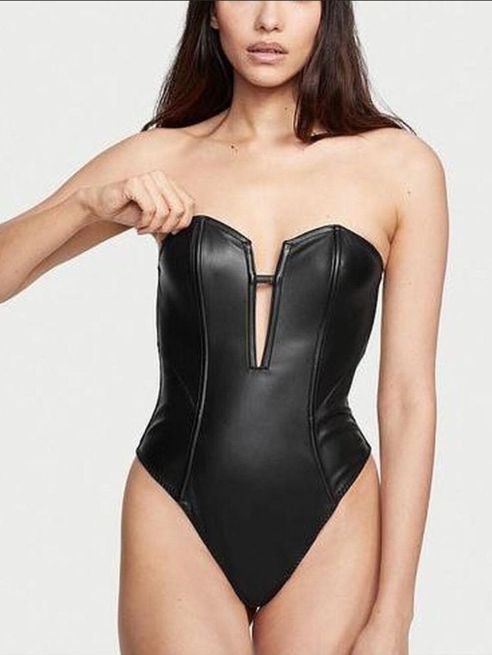 Victoria's Secret Strapless Black Faux Leather Teddy Bodysuit Medium EUC